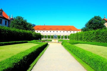 PRAGUE, CZECH REPUBLIC - JUNE 30, 2025: Wallenstein Garden and the adjacent Wallenstein Riding School. The palace complex was built in the 1620s for Albrecht von Wallenstein, a military commander