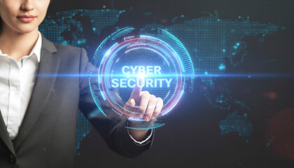A professional interacts with a futuristic digital interface symbolizing cybersecurity, global data protection, and advanced network defense in a modern business environment.