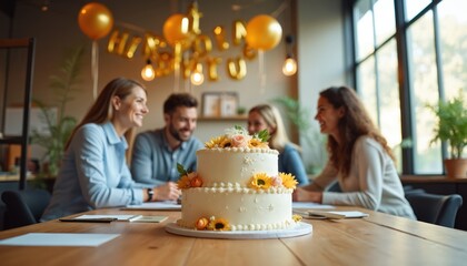 Colleagues celebrate work anniversary with cake and balloons. Team enjoys festive office party together. Happy people at corporate event, sharing joy and togetherness.
