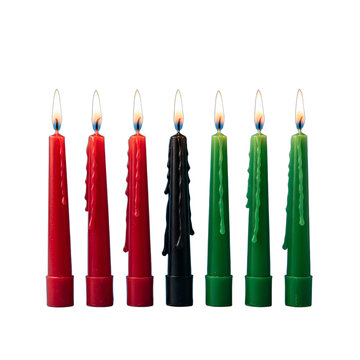 Seven Kwanzaa candles, red, black, and green, burning with steady flames, arranged in a straight line, centered. Sharp focus highlights wax texture, ideal for cultural celebrations,