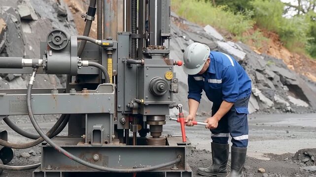 Geological Exploration - Engineer Operating Drilling Rig for Core Sampling in Rocky Terrain.