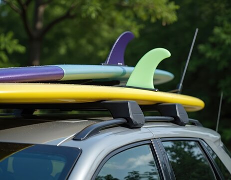 Two surfboards secured on car roof rack ready for surf trip. Colorful boards yellow purple and green fins for ocean adventure travel. Get ready for waves sport. - Powered by Adobe