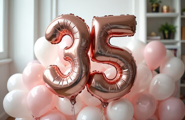 Rose gold number 35 balloons float among pink and white spheres. Festive balloons mark thirty fifth birthday. Celebration event decor includes shiny air balls.