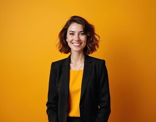 Pro businesswoman smiles in black suit with yellow top against vibrant orange backdrop. Confident female executive exudes success, competence in corporate setting. Image represents diversity,