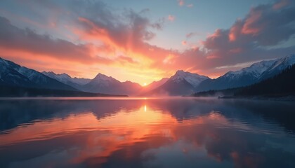 Orange sunset colors paint sky above snow capped mountains reflected in calm lake water. Morning mist rises from serene natural landscape. This scenic view offers peacefulness, beauty. Nature calls.
