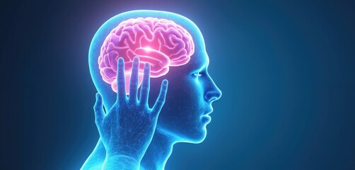 Glowing digital human head with brain illuminated, hand presses temple experiencing headache pain. Futuristic medical concept of migraine or mental stress. Neural network and cybernetic science idea.