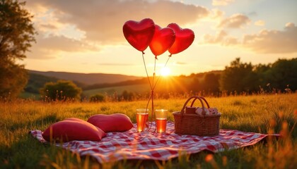 Romantic picnic setup in grassy field with red heart balloons. Sunset light warms checkered blanket, drinks, and basket. Idyllic outdoor date scene.