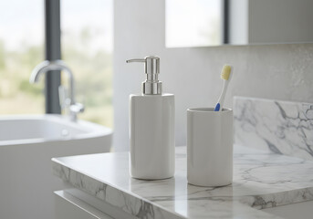 White bathroom accessories on marble countertop