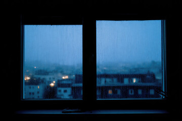 Sad blue evening cityscape seen through wet window on new year eve, raindrops on glass create moody atmosphere with blurred lights and quiet urban buildings in background