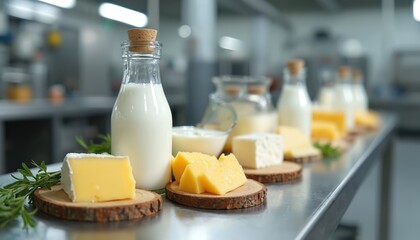 Dairy products assortment milk bottles, cheese blocks, yogurt bowl. Food production, fresh dairy goods arranged on counter. Healthy eating, farm to table concept.