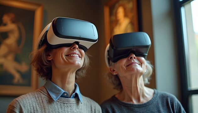 Two smiling elderly women wear VR headsets in art museum exploring virtual exhibits. Seniors experience digital art in immersive virtual reality. Old women learn new tech. - Powered by Adobe