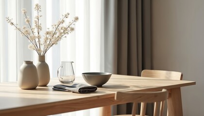 Minimalist dining table setup with wooden chairs. Natural light illuminates a placemat, grey bowl, and dried floral arrangement in vases. Clean, modern interior.