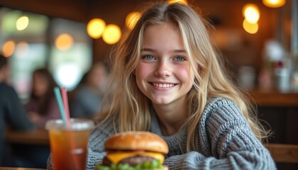 Young girl with blond hair smiles broadly while eating burger, drinking soda in restaurant. She wears grey knitted sweater, sits at table with blurred background of other diners, warm lighting.
