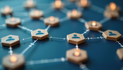 Wooden hexagons with people icons form a network. Thin white lines connect shapes, suggesting community or business links. Nodes glow softly with orange light on a dark blue background.