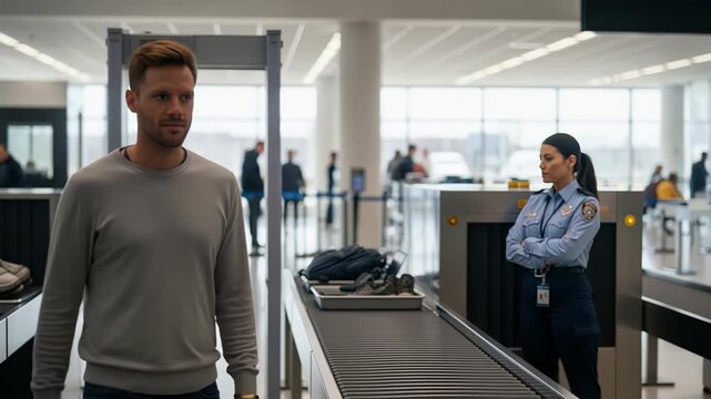 male traveler meets female security officer at airport checkpoint