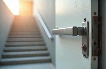 Emergency exit door with push bar handle opens to a dimly lit staircase leading upwards towards bright light. Safety access route from building interior.