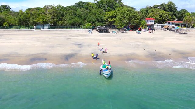 Aerial video taken with a drone on Santa Clara Beach on a sunny day with perfect weather next to the Pacific Ocean, in the province of Cocl&eacute;, in R&iacute;o Hato, Panama.	