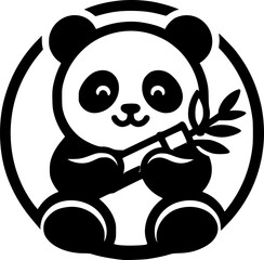 Minimalist black-white panda holding bamboo icon with clean lines, no shading, isolated on white. Simple, modern, scalable, ideal for logos or digital use.