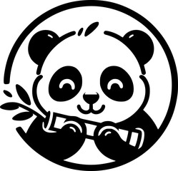 Minimalist black-white panda holding bamboo icon with clean lines, no shading, isolated on white. Simple, modern, scalable, ideal for logos or digital use.
