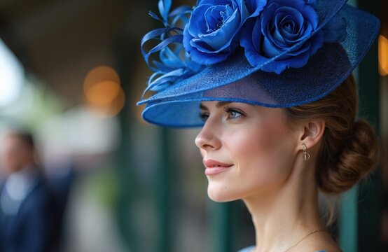 Woman wears elegant blue hat with flowers at horse races. Her stylish outfit and decorative millinery suggest sophistication. She looks forward to the event, anticipating the excitement.