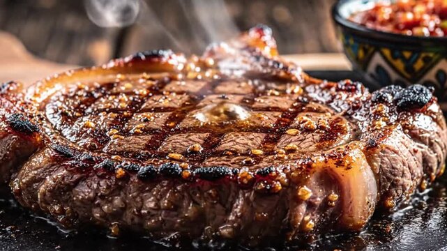 A close-up shot of a perfectly grilled and sizzling steak with prominent char marks, steam rising, and a side dish blurred in the background.