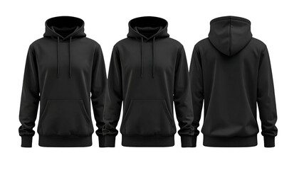 Three views of a solid black hoodie, front, front-facing-center, and back, on a black background
