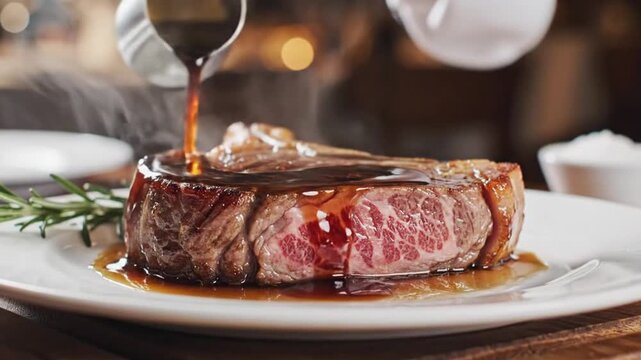A close-up shot of a perfectly cooked, juicy steak with a rich sauce being poured over it, served on a white plate with rosemary.