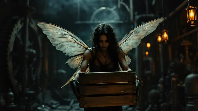 Fairylike figure transporting ancient relic in dimly lit workshop