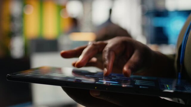 Close up of tablet used by admin in office doing software development to launch new features. Device used by system administrator in startup company writing computer programs, camera A