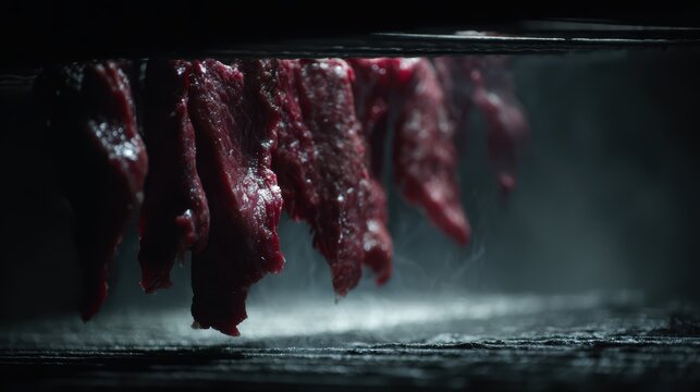 Hanging Jerky Meat, Beef Strips, Food Photography, Dark