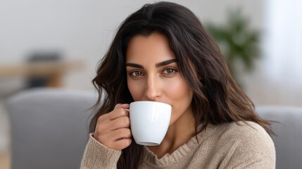 Relaxed Woman Drinks Coffee. Cozy Morning Lifestyle Moment