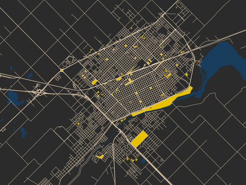 Urban map of Junin, Argentina in a dark flat palette: matte charcoal landmass with pale cream street lines, bold yellow accents and navy-blue water shapes