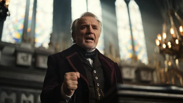 Elder clergy passionately addresses congregation amidst Gothic church setting