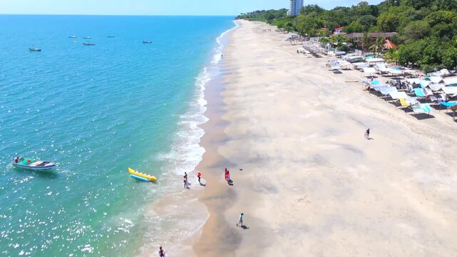 Aerial video taken with a drone on Santa Clara Beach on a sunny day with perfect weather next to the Pacific Ocean, in the province of Cocl&eacute;, in R&iacute;o Hato, Panama.	