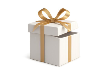 Obraz premium White gift box with an open lid and golden ribbon, ideal for concepts of surprise, giving, presents, and celebrations, isolated