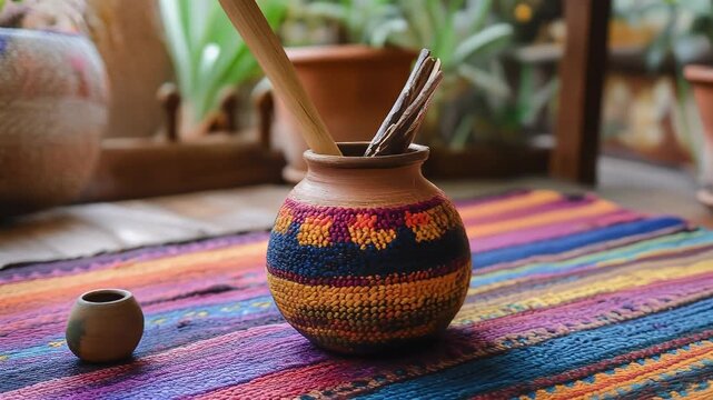 Terracotta Mate Cup With Colorful Woven Textile Background Natural Lighting