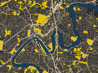 Flat city map of Brisbane center, Australia &mdash; near-black map field with ivory road grid, bright yellow blocks and dark blue rivers and harbors