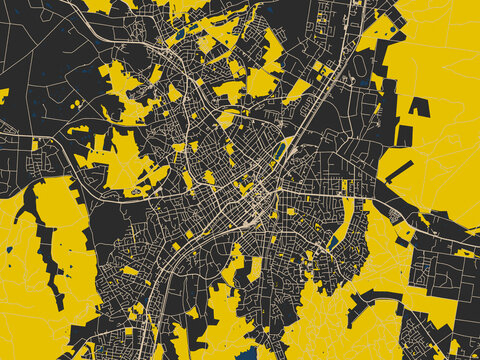 Decorative abstract map of Bendigo, Australia, featuring dark noir-style city field with soft cream lines and strong yellow points of interest against deep blue water
