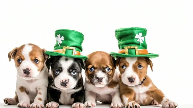 Four adorable puppies dressed up in shamrock hats for St. Patrick's Day celebration.