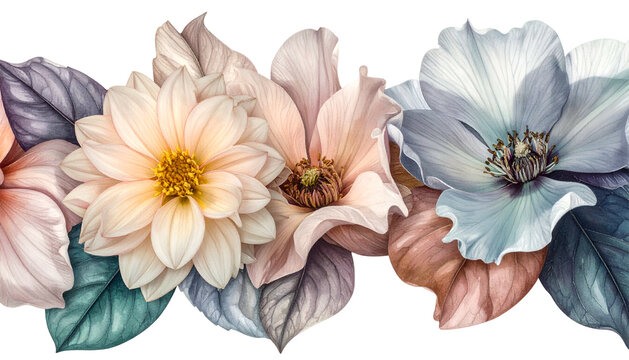 Close-up of watercolor-style floral border in soft pastels pink, peach, cream, blue, with leaves