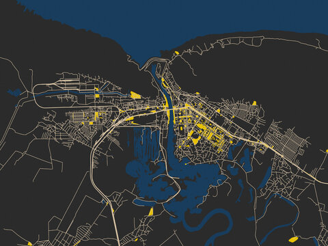 Abstract city map of Mingelchaur, Azerbaijan with dark map with yellow accents