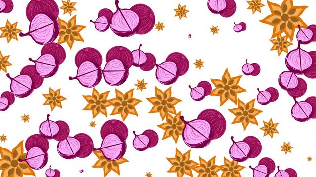 Pink halved fruit and golden floral star shapes on a white background. Ideal for summerthemed designs and fresh fruit concepts.