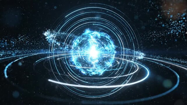 Abstract futuristic digital atom structure with rotating energy rings and sparkling particles,