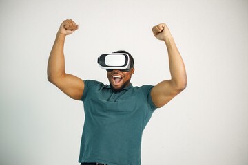 Black guy with virtual reality glasses isolated on white background