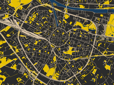 Flat city map of Hasselt, Belgium in dark map with yellow accents