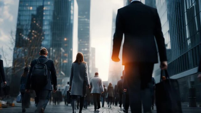 Vibrant cityscape captures energetic flows of workers in urban daily routines