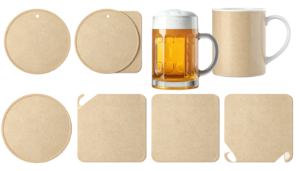 Various brown paper items and a beer mug and coffee cup on black