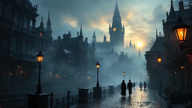 Misty gothic cityscape with reflective wet sidewalks and gentle dawn light