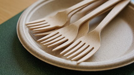 Medium shot showing biodegradable forks arranged neatly beside a compostable plate in an environmentally conscious dining hall.