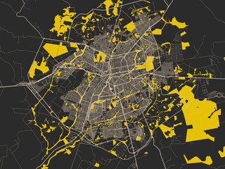 Fototapeta premium Flat city map of Campo Grande, Brazil — graphite black base with warm cream road network, signal-yellow open areas and inky blue waterways